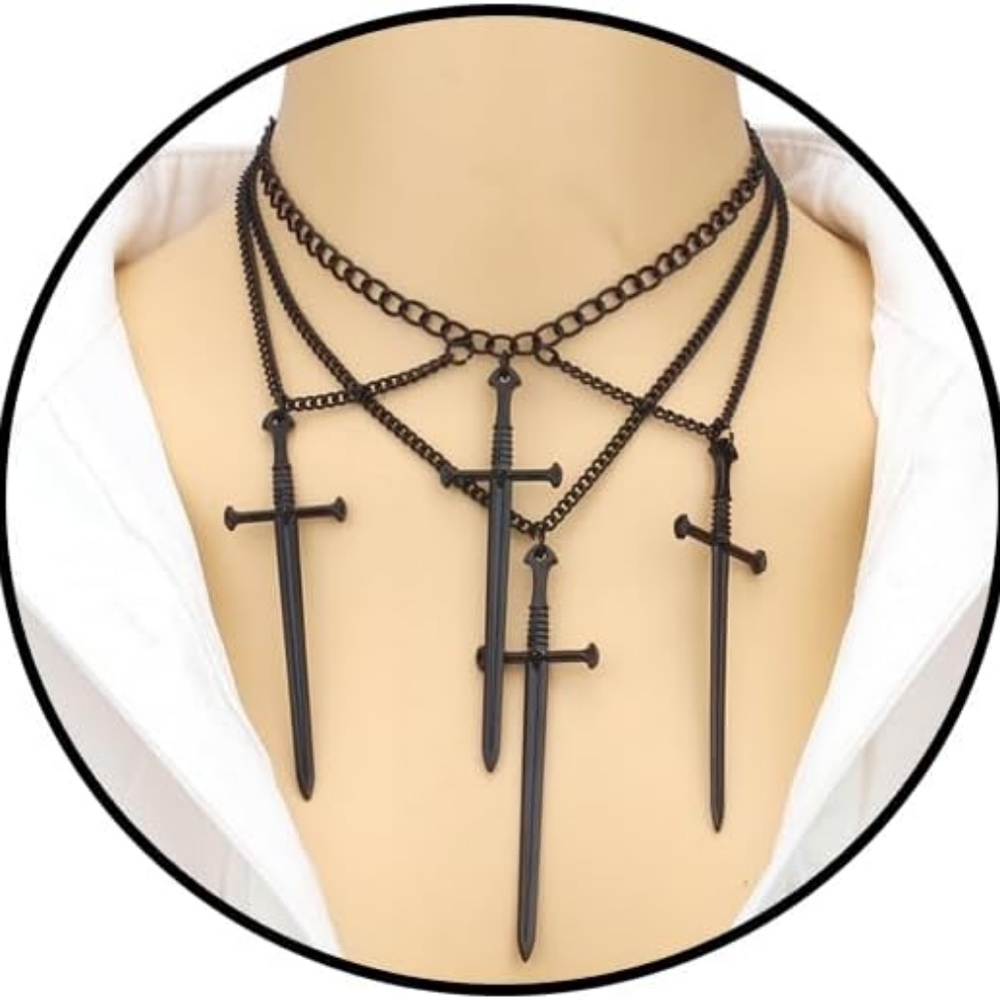 Gothic Layered Dagger Necklace Punk Sword Pendant Dark Vintage Halloween Jewelry